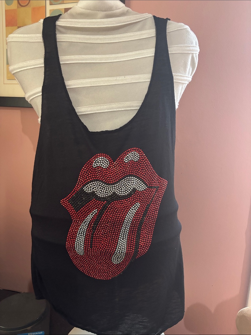 Women's Rolling Stones Black Tank Top with Red Rhinestones Tongue Graphic
